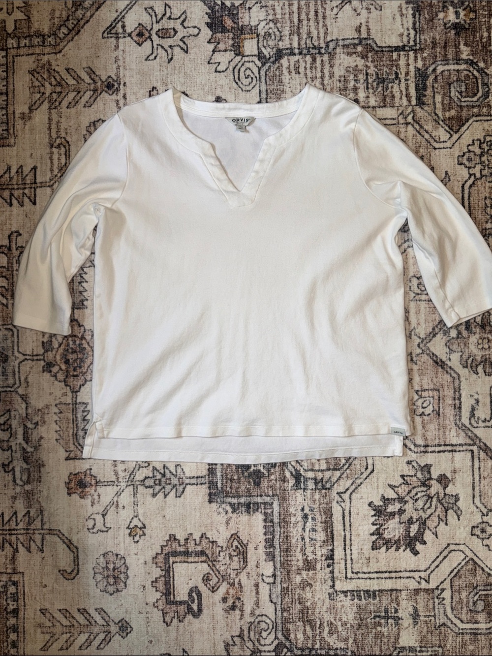 Orvis White Three-Quarter Sleeve V-Neck Top Size Large